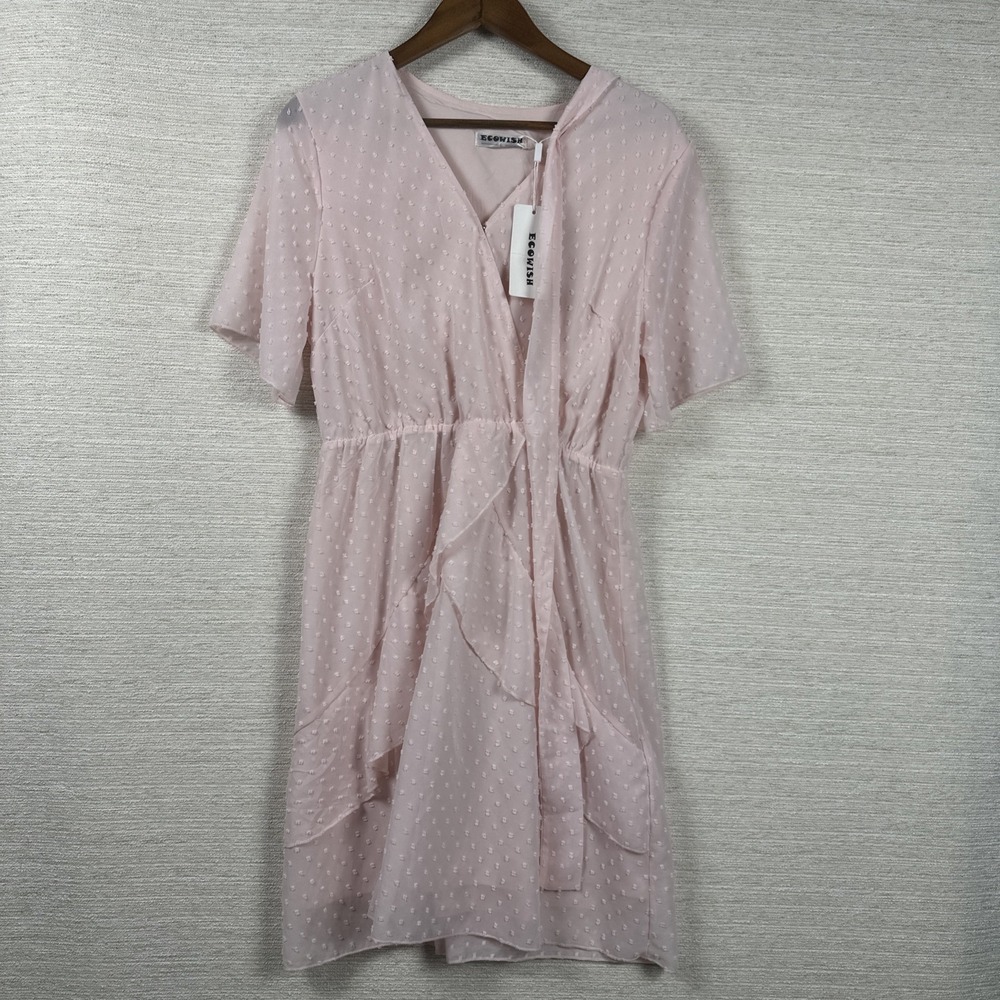 Ecowish Swiss Dot Wrap Dress Blush Pink Ruffle V Neck Cottagecore Boho L NWT
